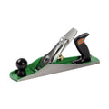 Metal hand plane with green base, black handle and knob, and adjustment knob visible
