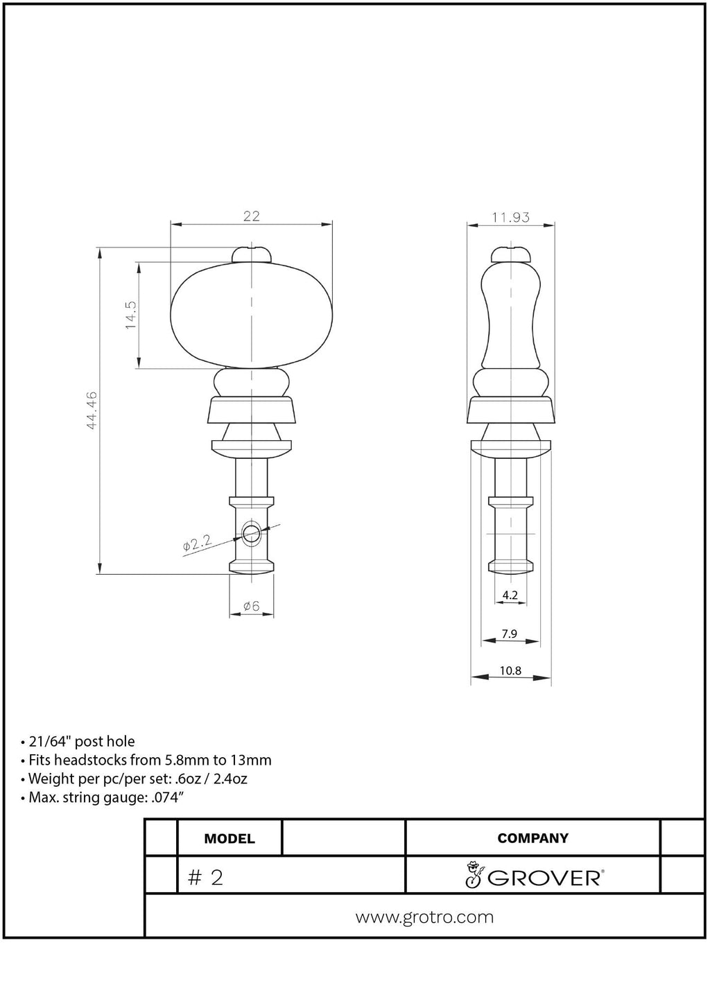 Grover 2B Champion Ukulele Tuning Pegs 2 + 2