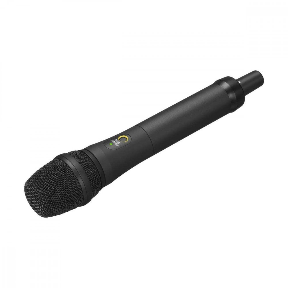 Black handheld wireless microphone with mesh grille, power button, and XLR connector