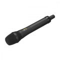 Black handheld microphone with mesh grille, push button switch, and cylindrical connector on a white background.