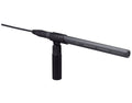Black shotgun microphone with integrated mount and XLR cable connected