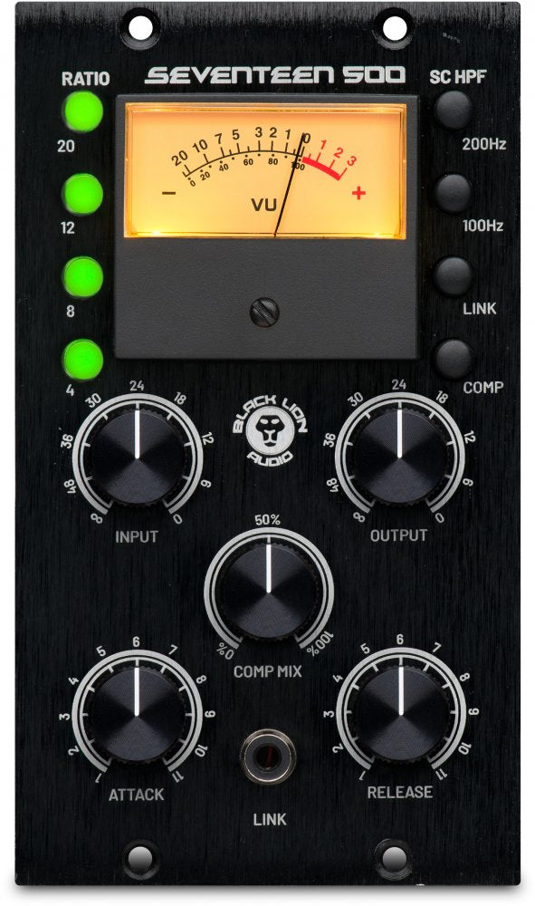 Black Lion Audio Seventeen 500 audio processor front panel with knobs, buttons, VU meter, and an audio jack.