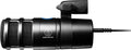 Side view of a black Audio-Technica microphone with a USB cable connected and a rotary knob for adjustment.