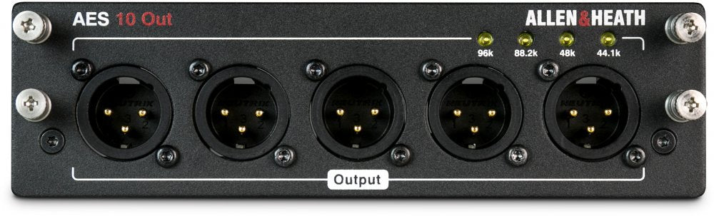 Black Allen & Heath device front panel with five XLR output connectors and sample rate indicator LEDs.