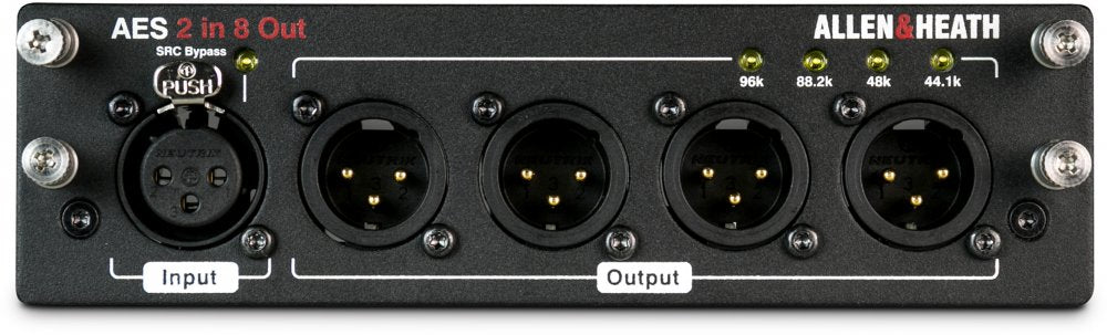 Black panel with one XLR input, four XLR outputs, push button, and sample rate indicators from Allen & Heath.