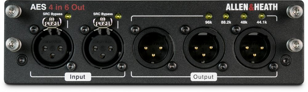 Audio interface panel with two XLR inputs and four XLR outputs labeled with sampling rates and SRC bypass buttons.