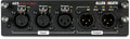 Black audio unit panel with three female XLR inputs and two male XLR outputs labeled with sample rates and bypass buttons.