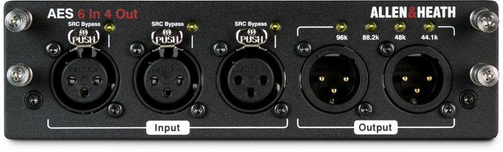 Black audio unit panel with three female XLR inputs and two male XLR outputs labeled with sample rates and bypass buttons.