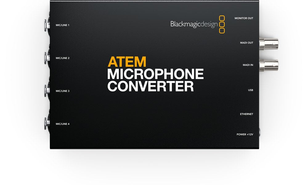Black audio device labeled ATEM Microphone Converter with multiple input and output connectors and controls