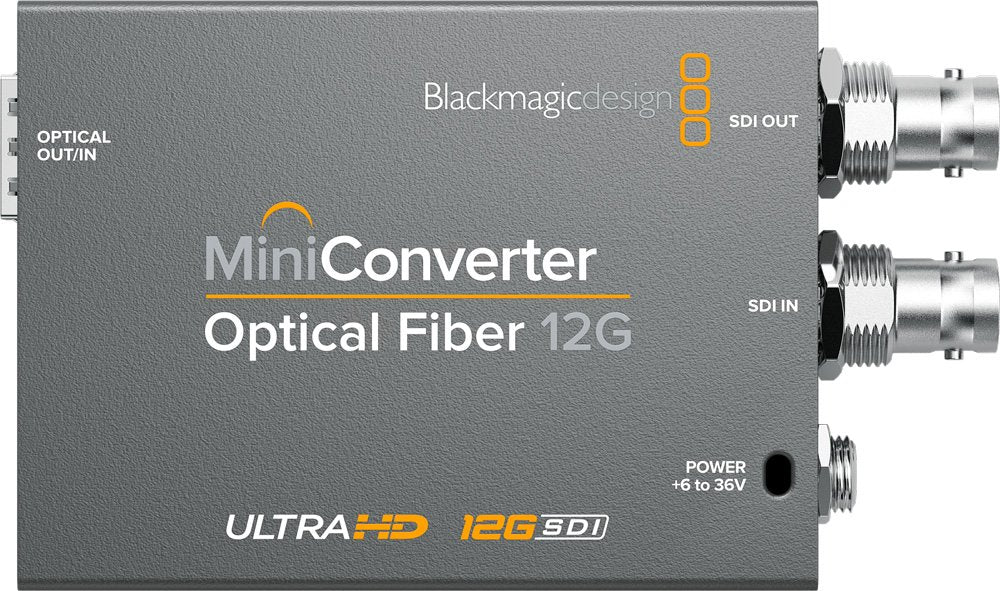 Gray Blackmagicdesign Mini Converter with optical fiber port and two BNC connectors for SDI input and output.