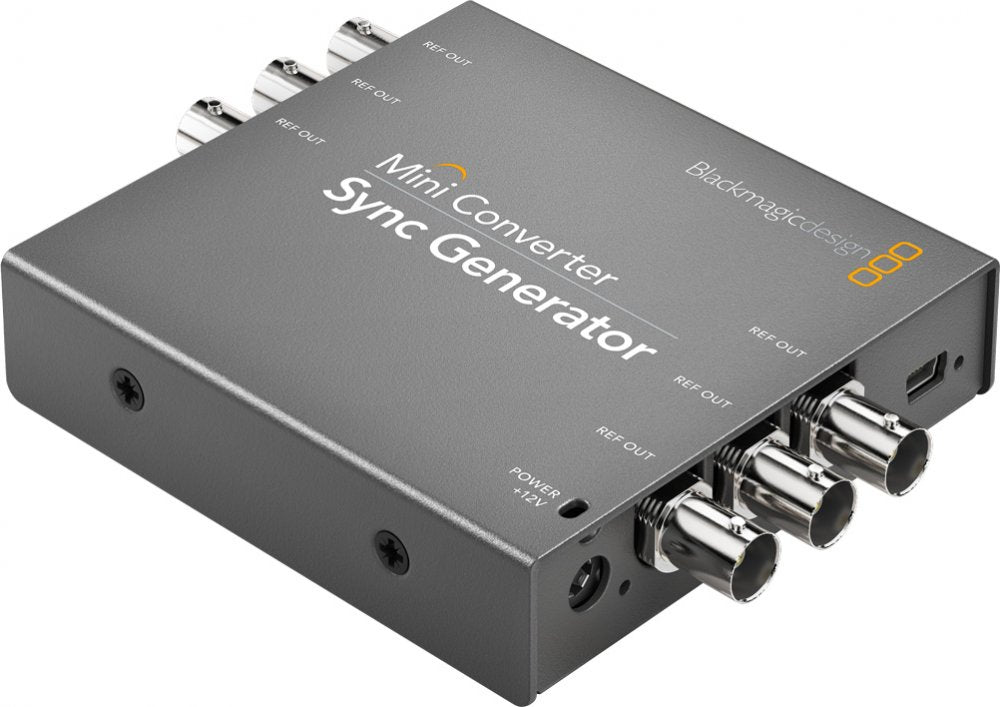 Gray metal mini converter with five BNC connectors, a power input, and mini USB port labeled Sync Generator.