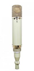Off-white cylindrical studio microphone with a silver mesh grille and a switch labeled E.