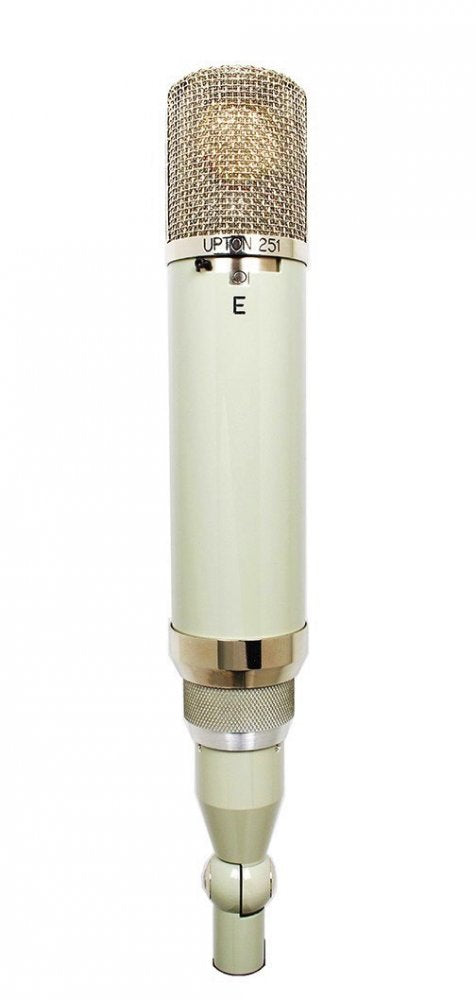 Off-white cylindrical studio microphone with a silver mesh grille and a switch labeled E.