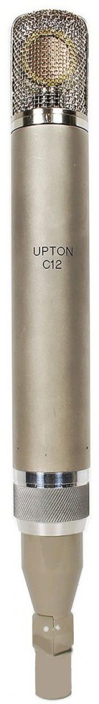 Silver cylindrical studio microphone with mesh grille and XLR connector at base.