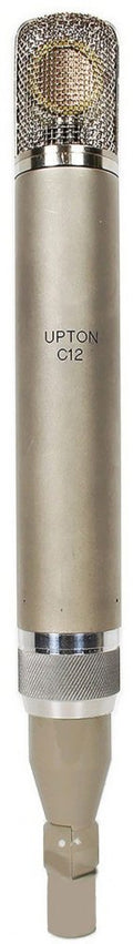 Silver cylindrical studio microphone with mesh grille and XLR connector at base.