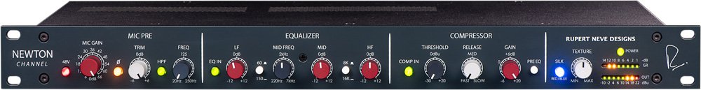 Front panel of a Rupert Neve Designs Newton Channel preamp with knobs, switch, LED indicators, and a small graphic meter.