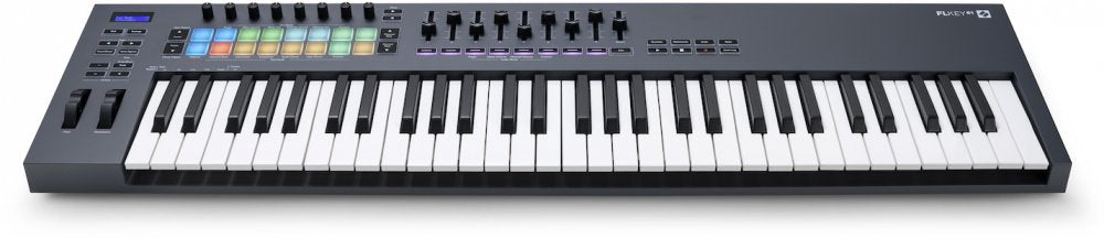 Black MIDI keyboard controller with 61 keys, multicolor pads, knobs, faders, and buttons on top.