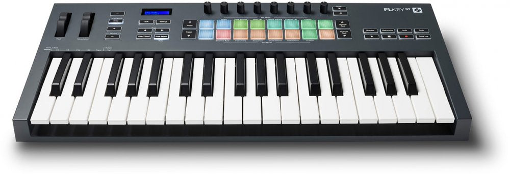 37-key MIDI controller keyboard with black and white keys and colored buttons on top panel.