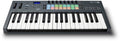 37-key MIDI controller keyboard with black and white keys and colored buttons on top panel.