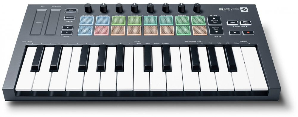Black and white mini MIDI keyboard controller with pads, knobs, buttons, and pitch/modulation touch strips.