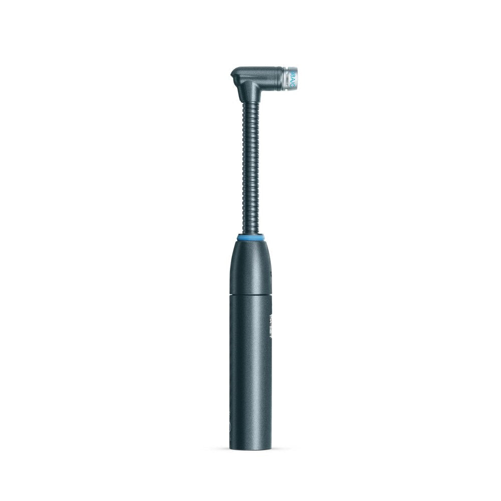 Small microphone with a right angle connector and flexible neck on a cylindrical body.
