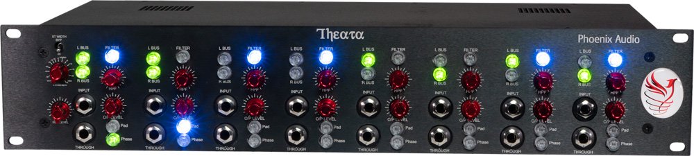 Front panel of an audio rack unit with multiple rotary knobs, push buttons, and 1/4 inch jacks labeled with audio control terms.