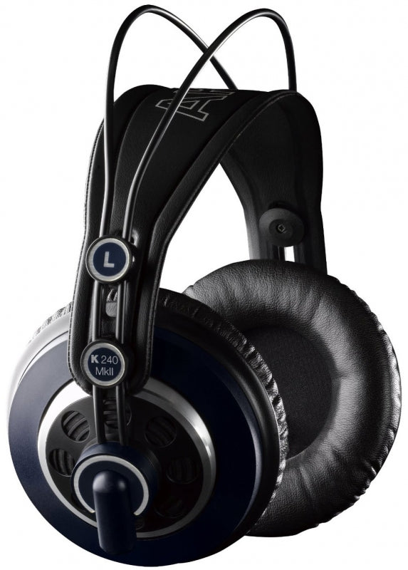 Black and dark blue over-ear headphones with padded ear cups and metal headband wire frame.