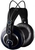 Black and dark blue over-ear headphones with padded ear cups and metal headband wire frame.