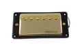 Gold-covered electric guitar pickup with black frame and visible wire leads on the side.