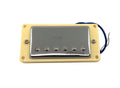 Chrome-covered guitar humbucker pickup mounted on a beige plastic frame with blue and white wires attached.