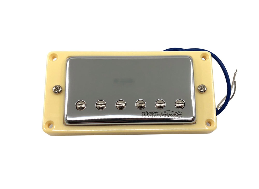 Chrome-covered guitar humbucker pickup mounted on a beige plastic frame with blue and white wires attached.