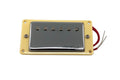 Metal-covered guitar humbucker pickup with beige mounting frame and red wires with bare ends.