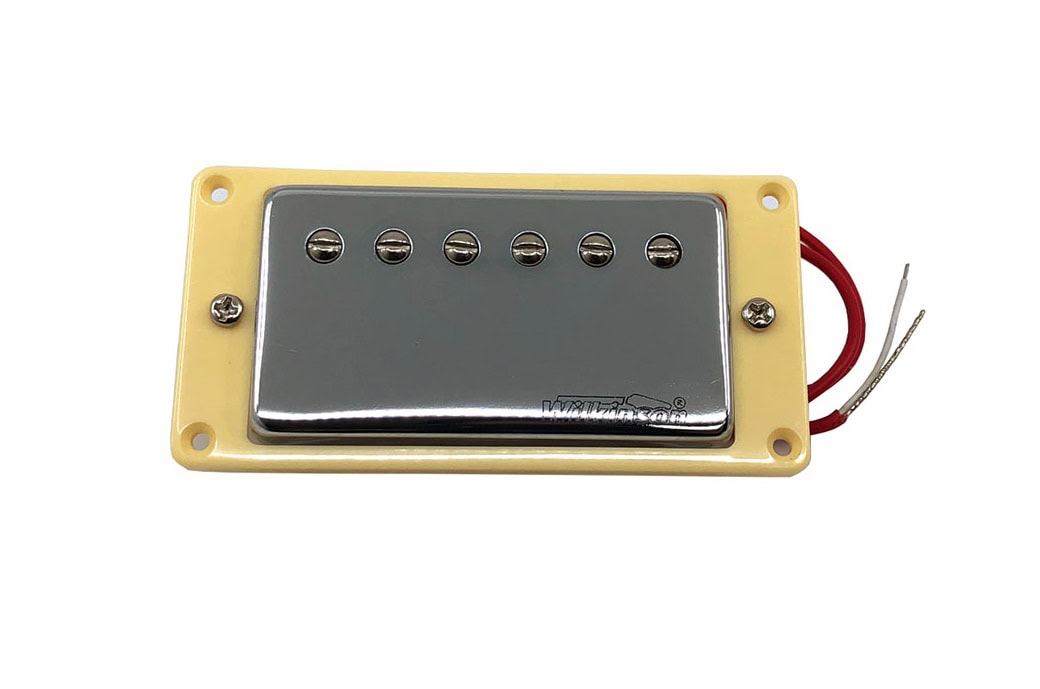Metal-covered guitar humbucker pickup with beige mounting frame and red wires with bare ends.
