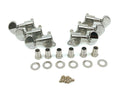 Set of six metal guitar tuning machine heads with accompanying bushings, washers, and screws on white background.