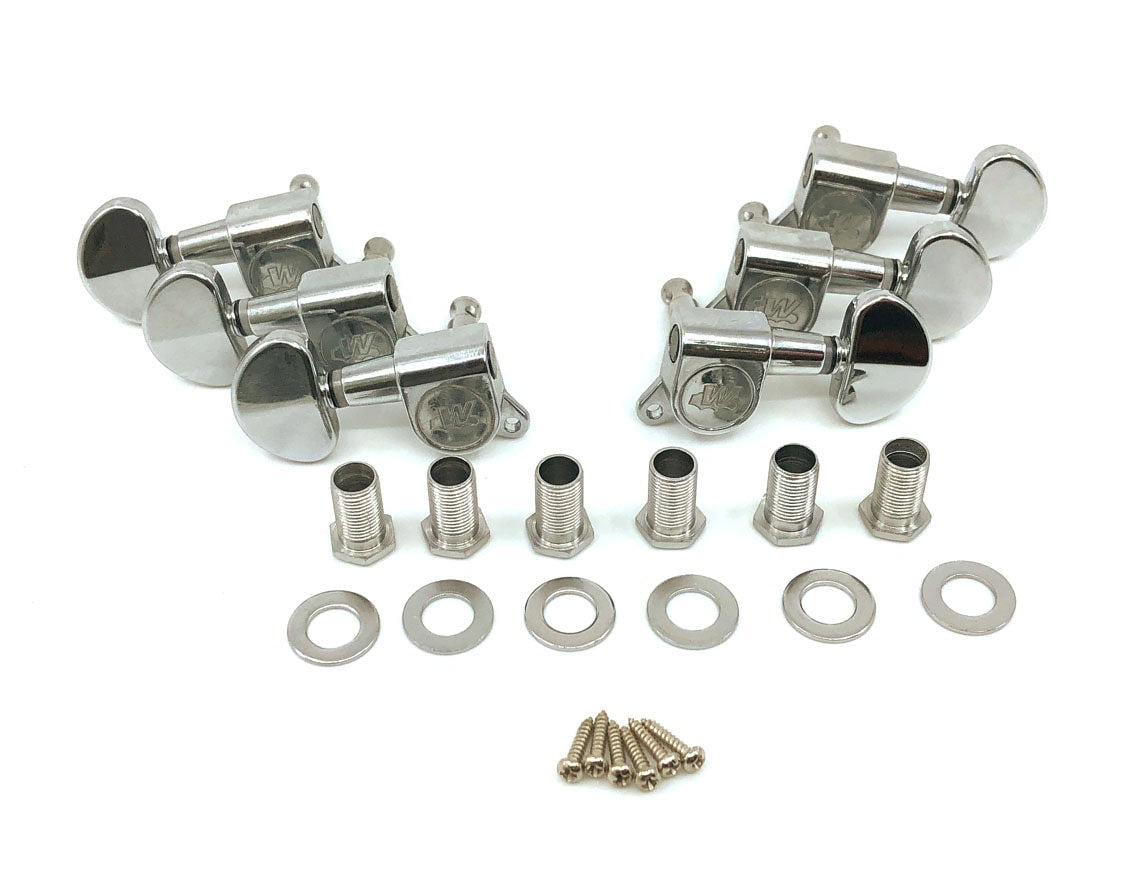 Set of six metal guitar tuning machine heads with accompanying bushings, washers, and screws on white background.