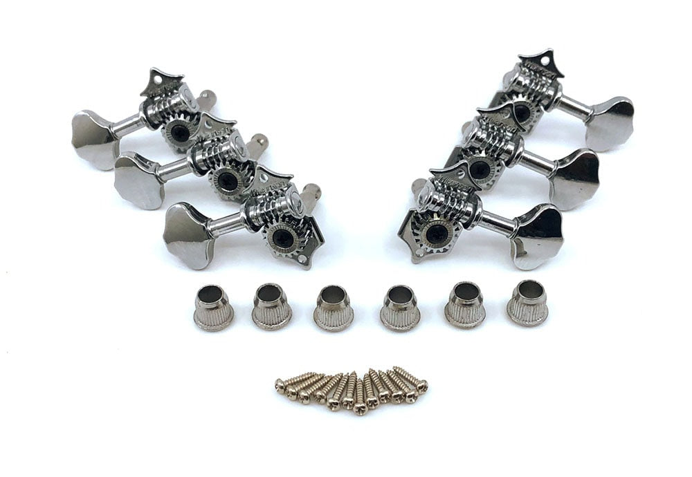 Set of 6 silver open style guitar machine heads with 6 bushings and 12 screws on a white background.
