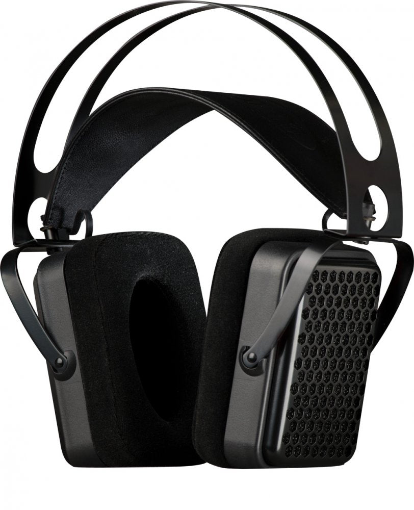 Black headphones with rectangular ear cups, mesh grille on outer side, soft ear padding, and double band head strap.