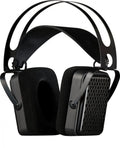 Black headphones with rectangular ear cups, mesh grille on outer side, soft ear padding, and double band head strap.