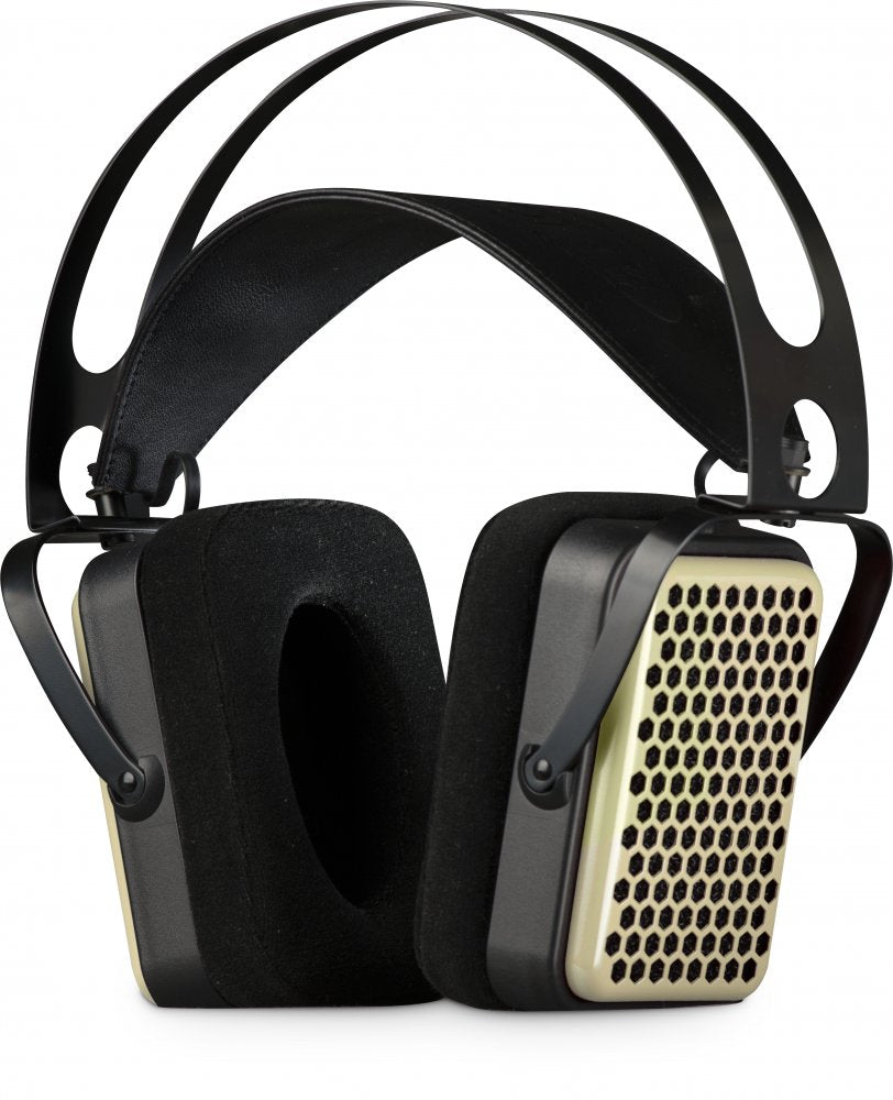 Black and cream open-back over-ear headphones with large rectangular ear pads and a suspension headband.