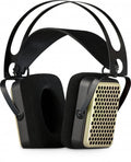 Black and cream open-back over-ear headphones with large rectangular ear pads and a suspension headband.