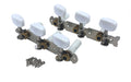 Two sets of three classical guitar tuning pegs with white knobs and accompanying screws.