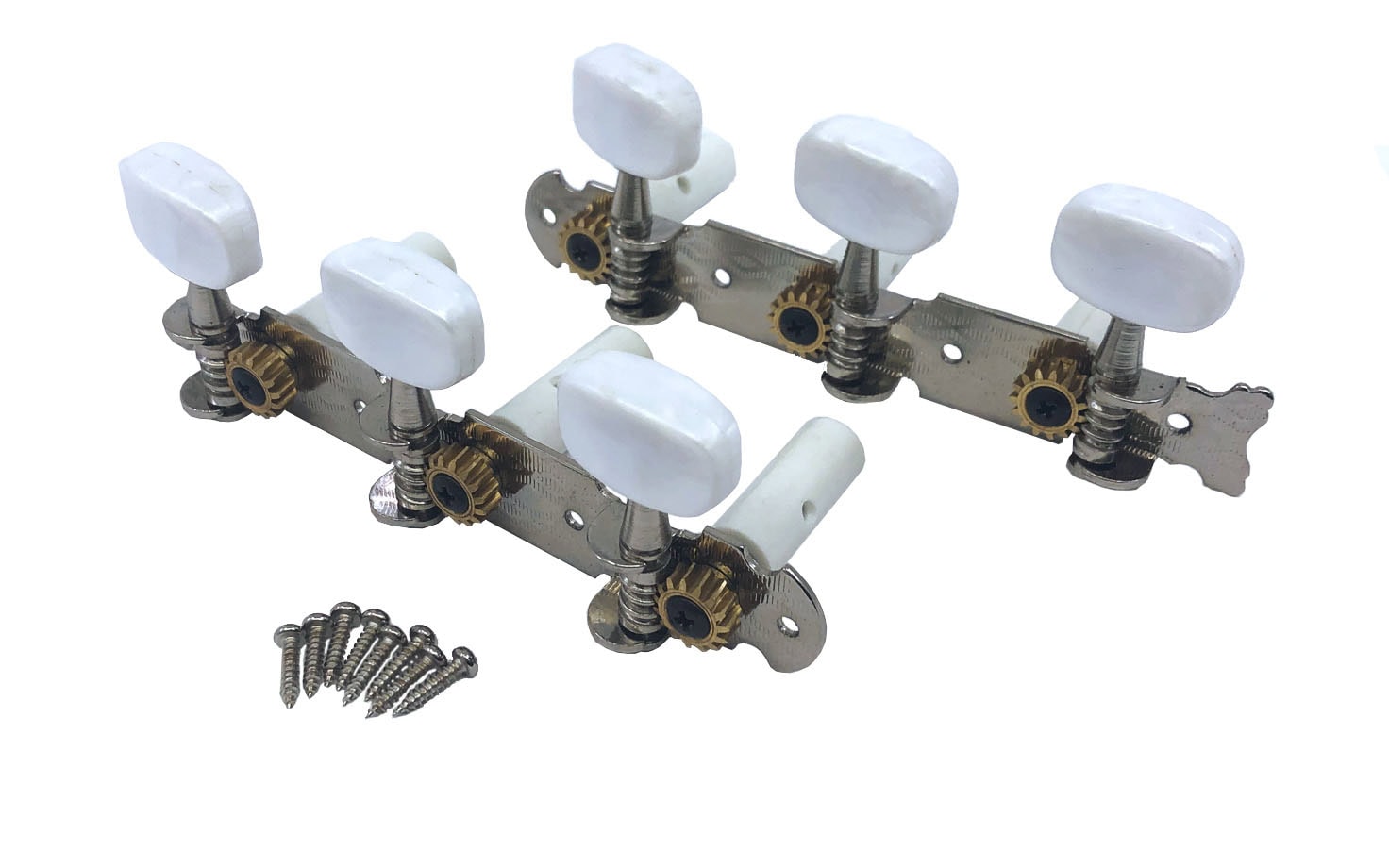 Two sets of three classical guitar tuning pegs with white knobs and accompanying screws.