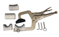 Silver handheld clamp tool with four white felt-lined plastic neck support cauls, two hex keys, and a metal pin with ring.