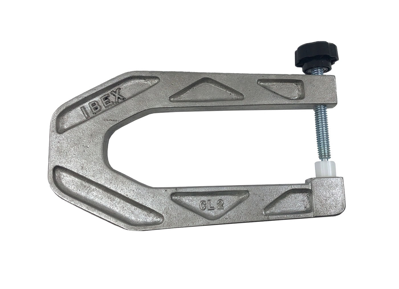 Silver metal clamp with black rotary knob and white plastic spacer part, marked IBEX and CL 2.