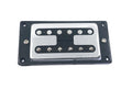 A rectangular metal and plastic guitar pickup with six exposed pole pieces and screws on a black mounting plate.