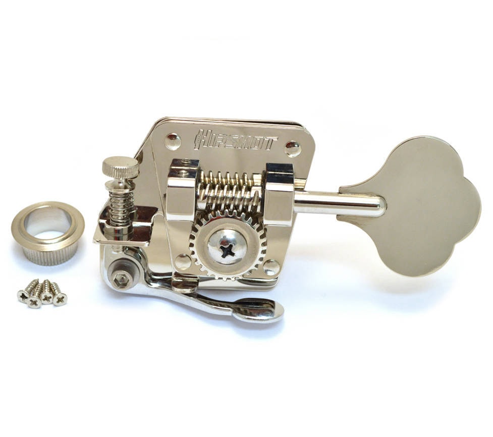 Silver clover-key bass tuner with mounting ring and three screws on a white background.