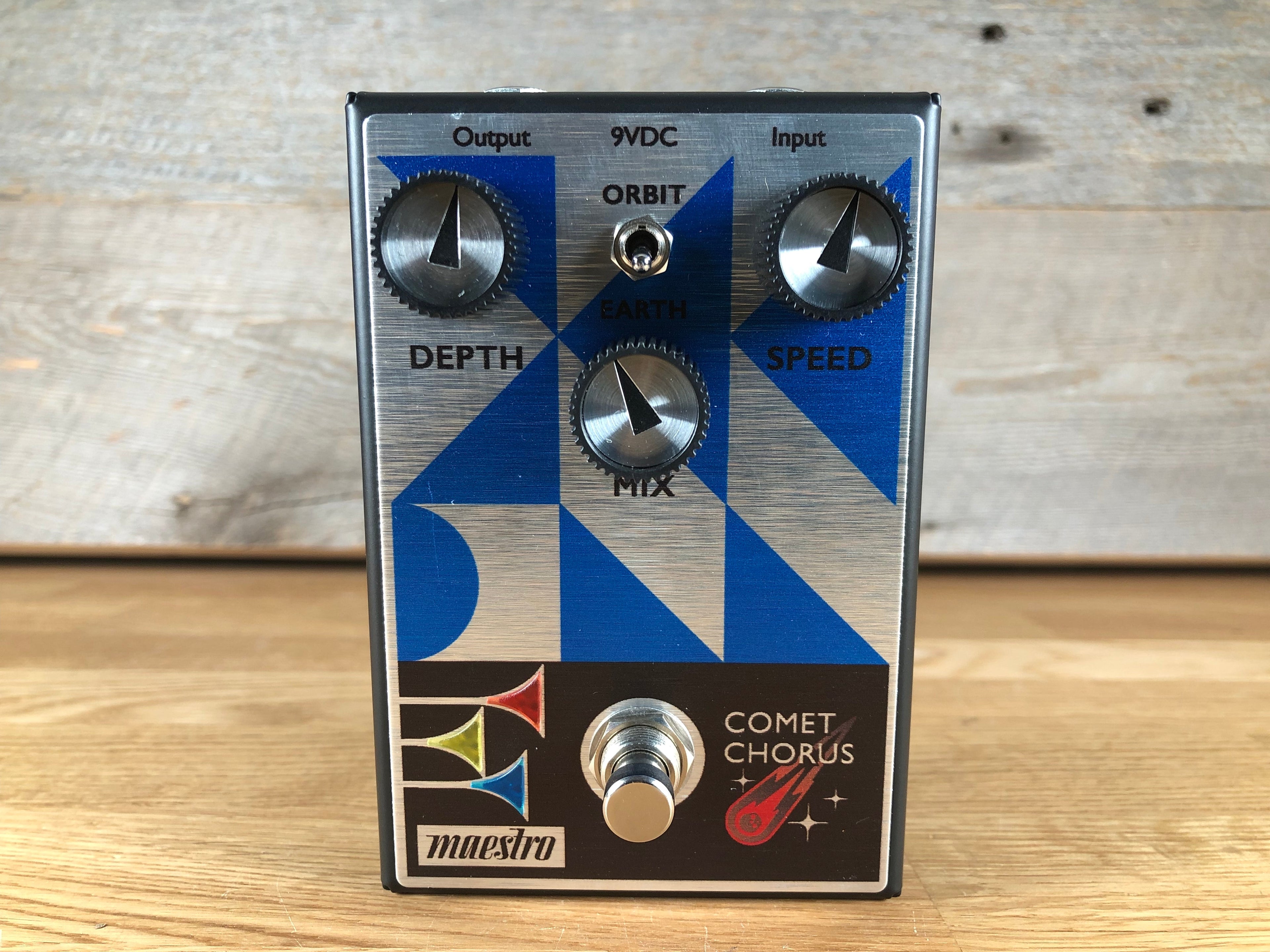 Front view of a Maestro Comet Chorus guitar effects pedal with three knobs, a toggle switch, and a footswitch.