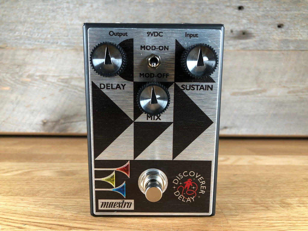 Front view of a Maestro Discoverer Delay guitar effects pedal with knobs and a footswitch.