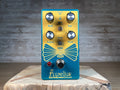 Blue and yellow EarthQuaker Devices Aurelius guitar effects pedal with four control knobs, toggle switch, and footswitch.