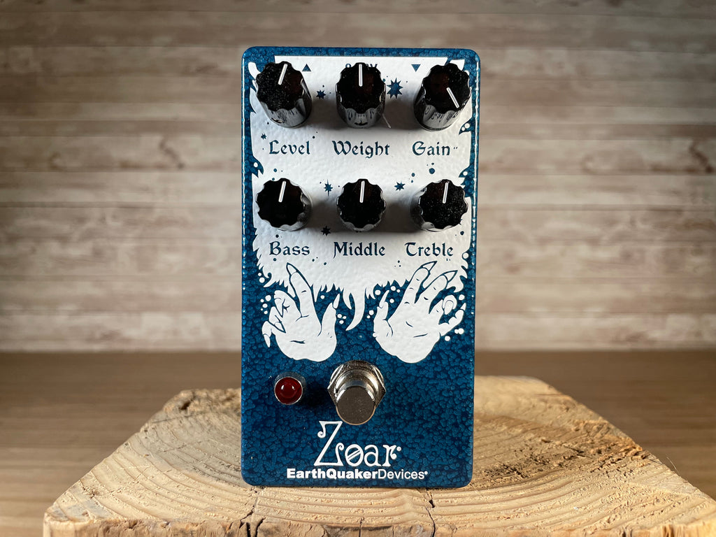 Blue and white EarthQuaker Devices Zoar guitar effects pedal with six knobs and one foot switch.